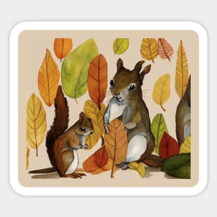 Squirrel mother and son with autumn leaves Sticker